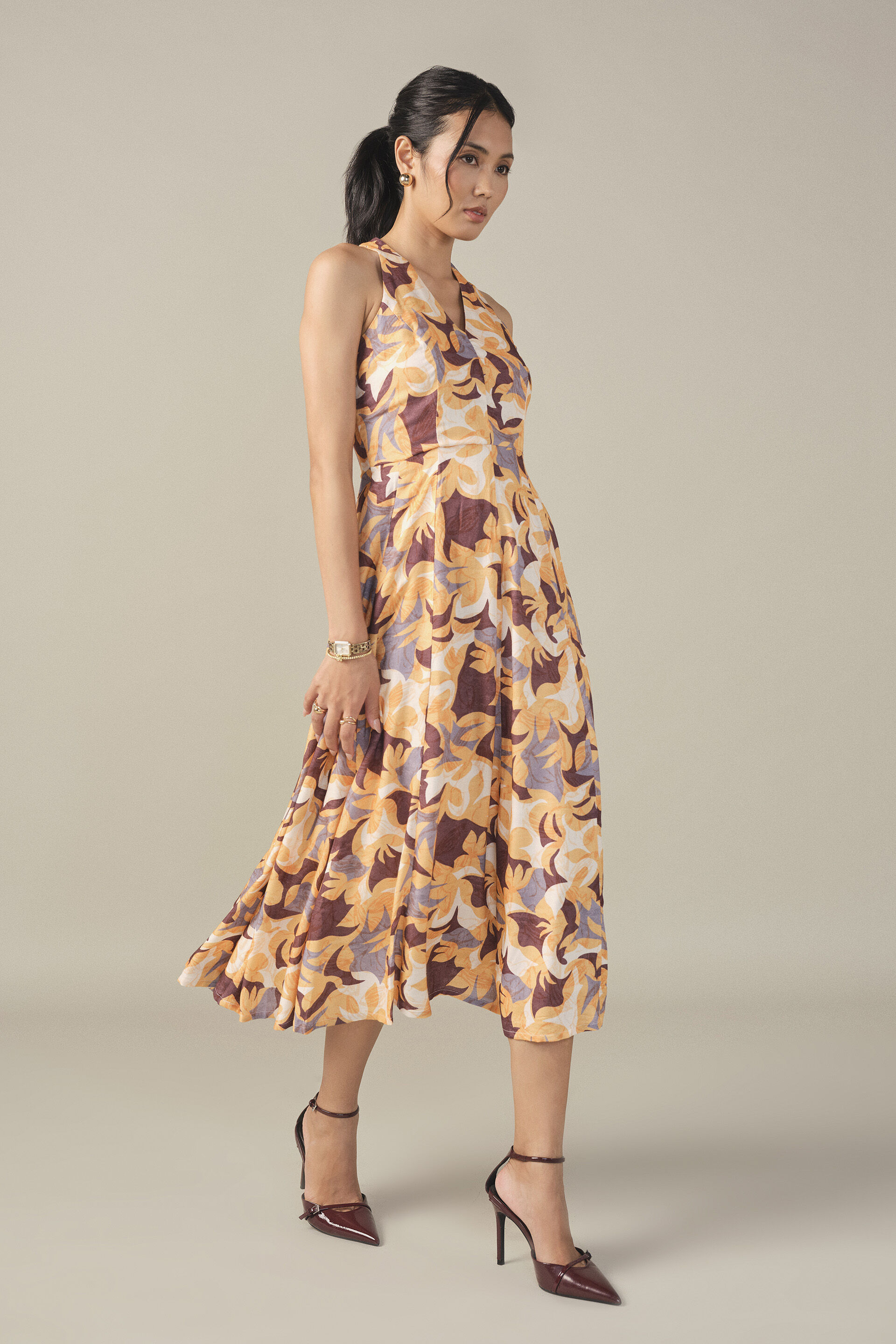Abstract Printed Midi Dress in Mustard, Multi Color, image 5